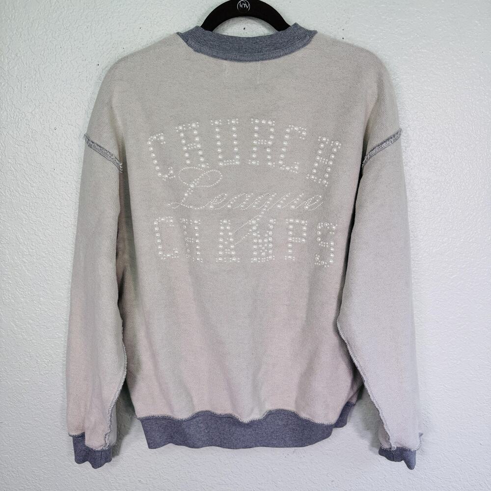 Church League Champions Sweatshirt Mens Small Gran Gem Crew Beaded Sweater Grey